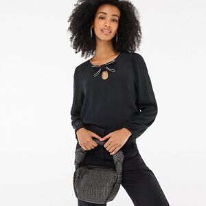 J. Crew Jeweled Bow Top Womens XS Black Elevated Basic Party Holiday Peasant NWT